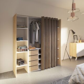 Dressing 2 colonnes + meuble 4 tiroirs chêne/blanc, rideau taupe