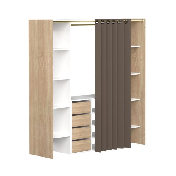Dressing 2 colonnes + meuble 4 tiroirs chêne/blanc, rideau taupe – Image 3