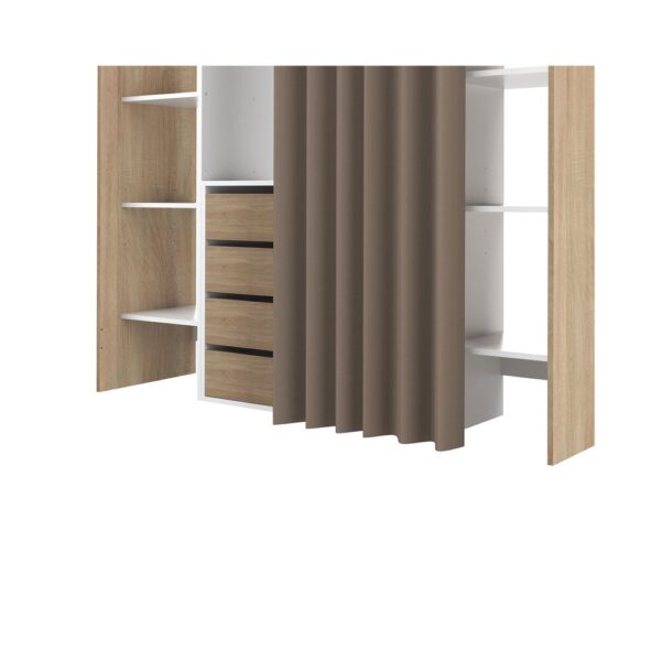 Dressing 2 colonnes + meuble 4 tiroirs chêne/blanc, rideau taupe – Image 5