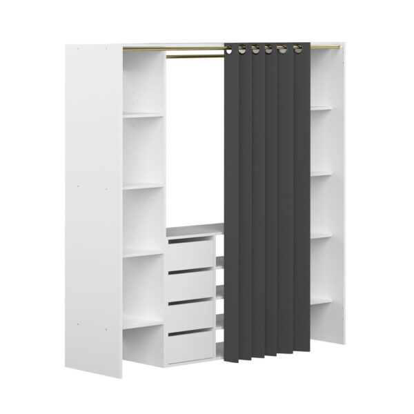 Dressing 2 colonnes + meuble 4 tiroirs blanc, rideau gris – Image 3