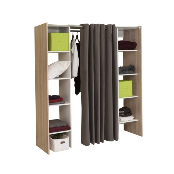Dressing extensible 2 colonnes naturel/blanc et rideau taupe - CLOTHES