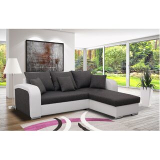 Canapé angle à droite convertible en tissu gris foncé et PU blanc - FULLSPACE