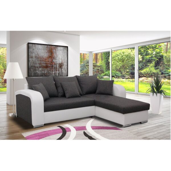 Canapé angle à droite convertible en tissu gris foncé et PU blanc - FULLSPACE