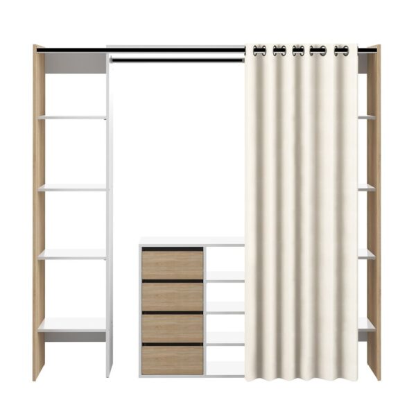 Dressing 2 colonnes + meuble 4 tiroirs chêne blanc, rideau écru – Image 3
