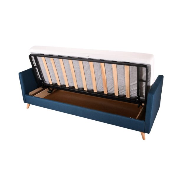 Banquette-lit 130 cm avec coffre de rangement en tissu bleu – Image 6