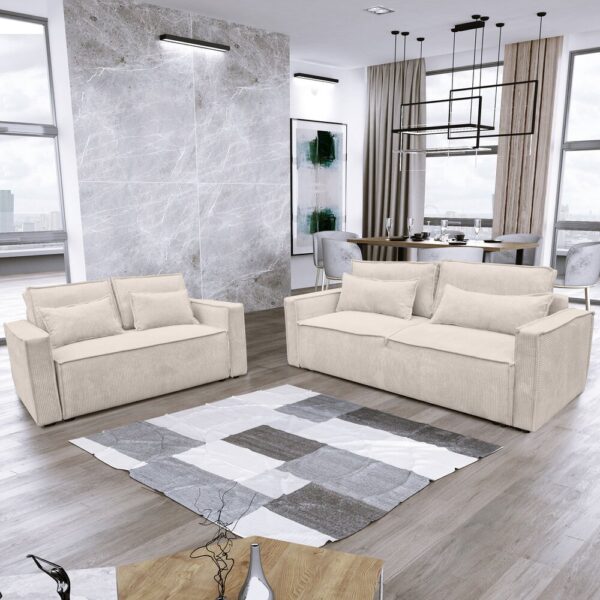 Ensemble de canapés 3 + 2 places en velours côtelé beige – Image 2
