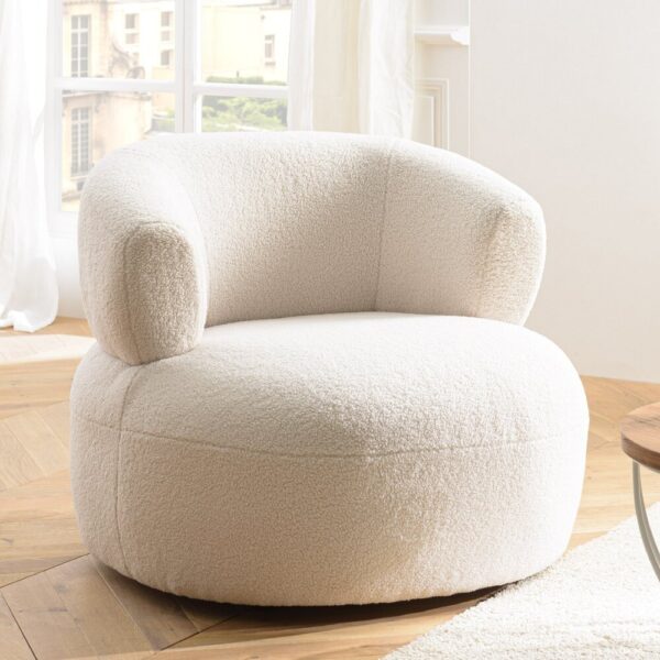 Fauteuil rond 85x83x74 cm en tissu bouclette blanc - FOLIO