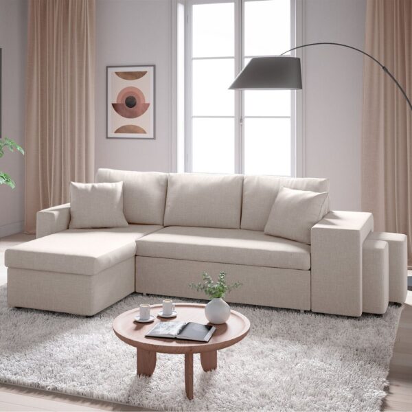 Canapé d'angle réversible poufs à droite en tissu beige - MASSIMO – Image 2