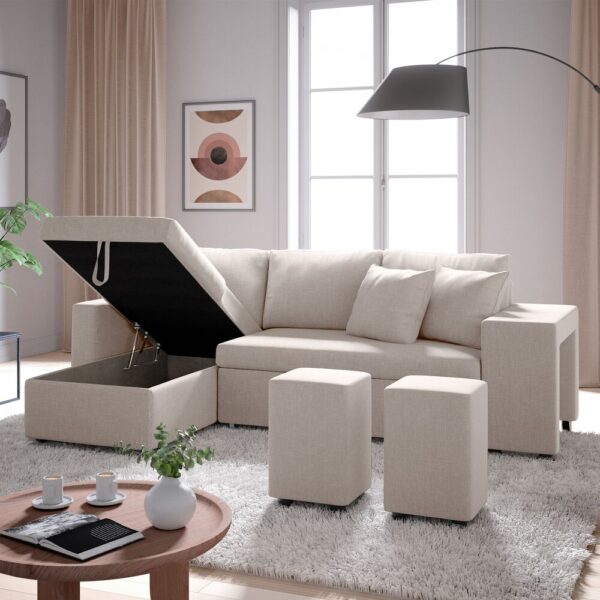 Canapé d'angle réversible poufs à droite en tissu beige - MASSIMO – Image 3