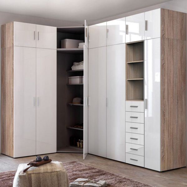 Dressing 13 portes 6 tiroirs avec surmeubles chêne et blanc - MALTRA