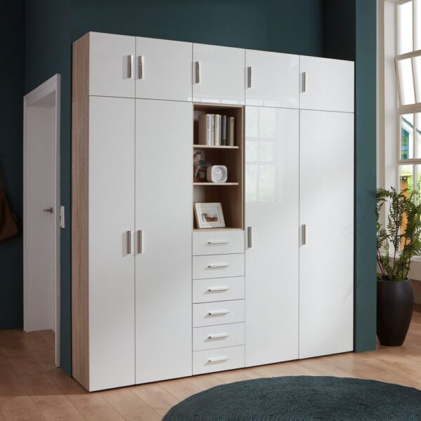Dressing 9 portes 6 tiroirs avec surmeubles chêne et blanc - MALTRA