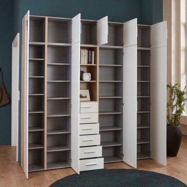 Dressing 9 portes 6 tiroirs avec surmeubles chêne et blanc - MALTRA – Image 3