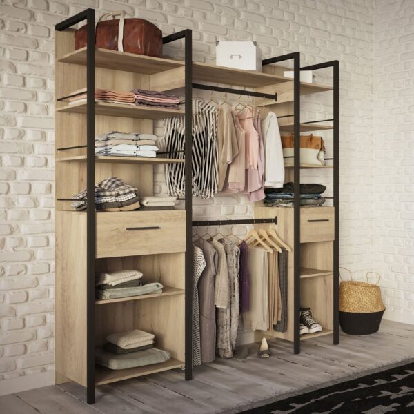 Dressing 2 colonnes 2 penderies 179x47,9x207,5 cm décor chêne et noir