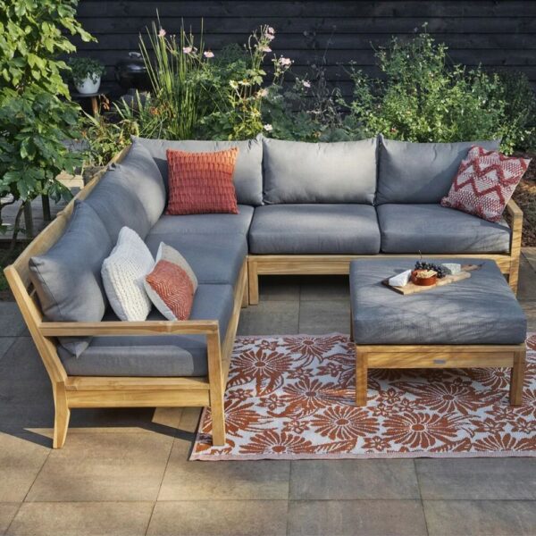 Salon de jardin d'angle 238x238 cm en tissu anthracite et teck