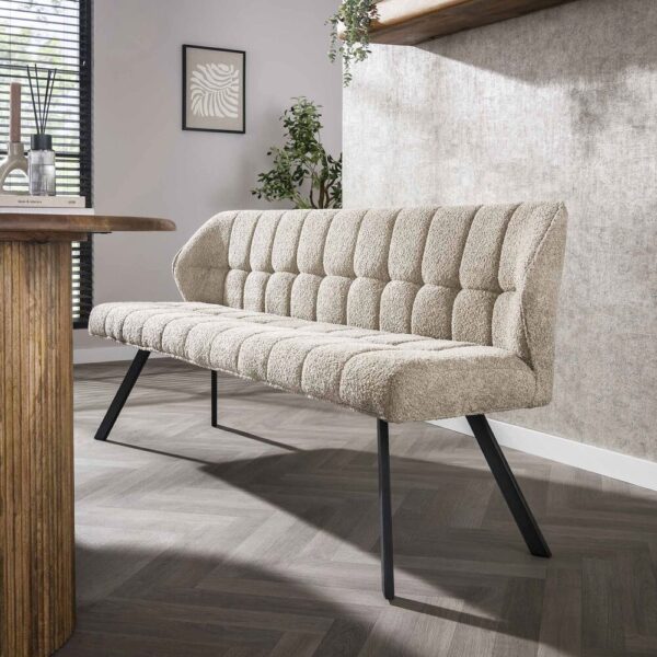 Table 215 cm en manguier + 2 fauteuils + banc en tissu bouclette sable – Image 7