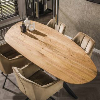 Table organique 215 cm en acacia + 4 fauteuils en velours champagne