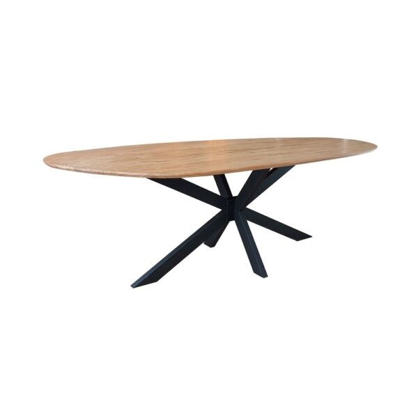 Table organique 215 cm en acacia + 4 fauteuils en velours champagne – Image 3
