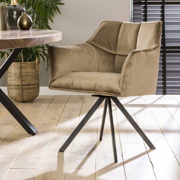 Table organique 215 cm en acacia + 4 fauteuils en velours champagne – Image 7