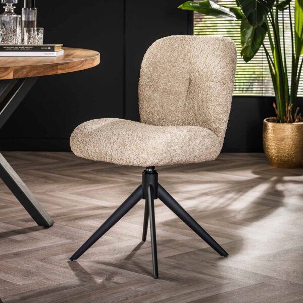Ensemble table 180 cm en acacia + 4 chaises en tissu bouclette sable – Image 8