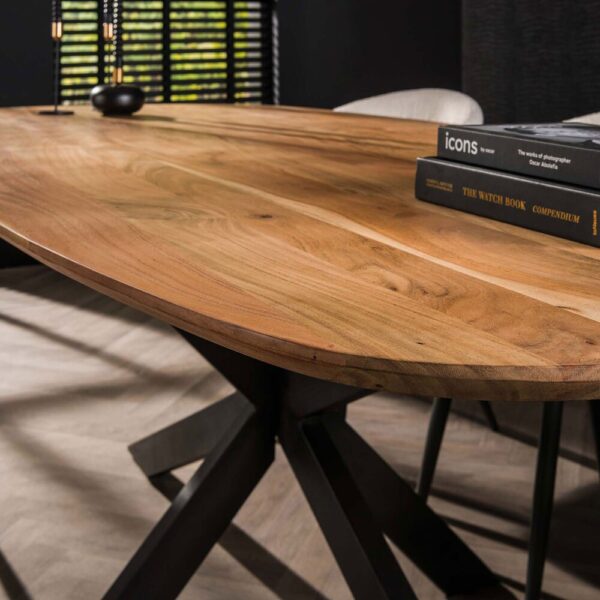 Ensemble table 180 cm en acacia + 4 fauteuils en tissu bouclette sable – Image 5