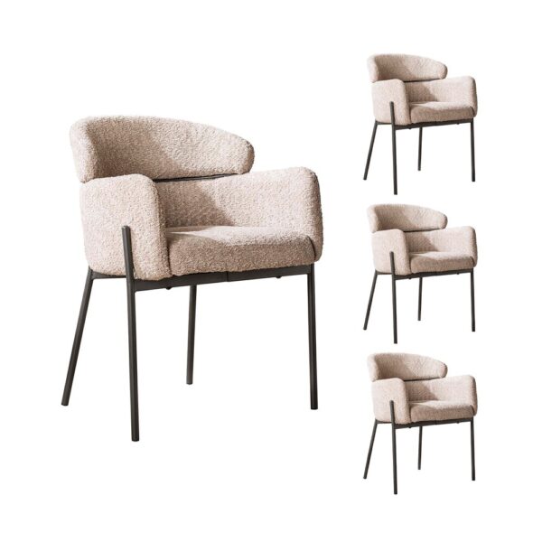 Ensemble table 180 cm en acacia + 4 fauteuils en tissu bouclette sable – Image 7