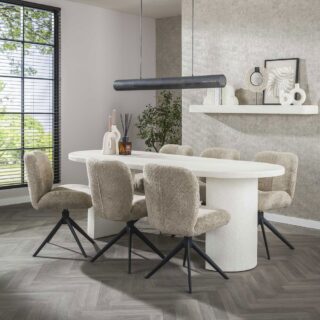 Table 215 cm en marbre composite + 6 chaises en bouclette sable
