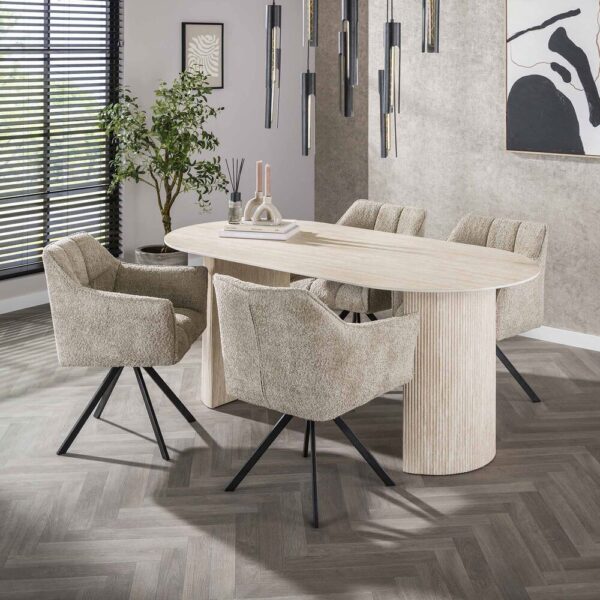 Table 180 cm en céramique beige + 4 fauteuils en tissu bouclette sable – Image 2