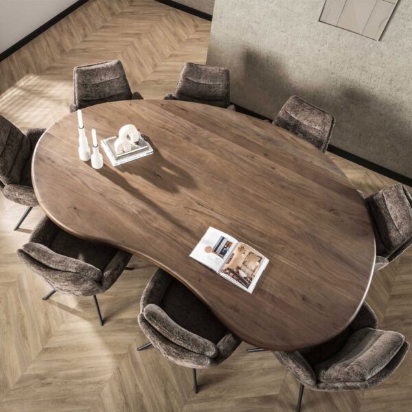 Table 244x165 cm en acacia brun + 8 fauteuils en tissu texturé taupe – Image 3