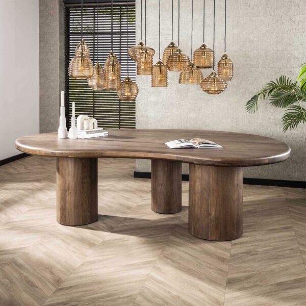 Table 244x165 cm en acacia brun + 8 fauteuils en tissu texturé taupe – Image 4