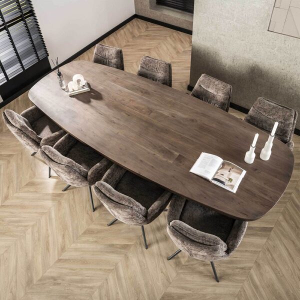 Table 300x120 cm en acacia brun + 8 fauteuils en tissu texturé taupe – Image 3