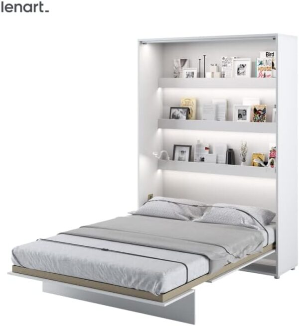 Lenart Armoire Lit Escamotable +2 Placards Tiroir Vertical 140x200 cm Blanc Mat Rabattable Mural Consus – Image 4