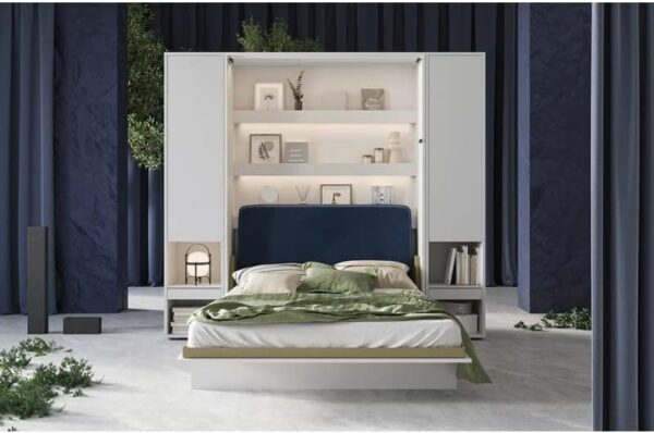 Lenart Armoire Lit Escamotable +2 Placards Tiroir Vertical 140x200 cm Blanc Mat Rabattable Mural Consus – Image 5