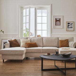Lisa Design - Canapé Panoramique en U Convertible avec Coffre Jake en Velours Côtelé - Canapé Lit - Grand Sofa XXL Beige 7 Places - Salon