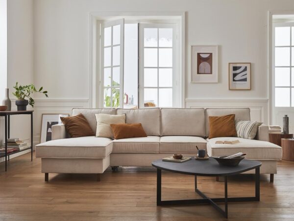 Lisa Design - Canapé Panoramique en U Convertible avec Coffre Jake en Velours Côtelé - Canapé Lit - Grand Sofa XXL Beige 7 Places - Salon