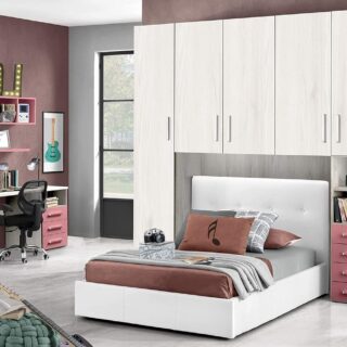 Chambre à pont avec lit blanc une place et demie - composée d'une porte longue, 4 portes moyennes, petit compartiment à jour et commode. 243 x 55 x 245 cm
