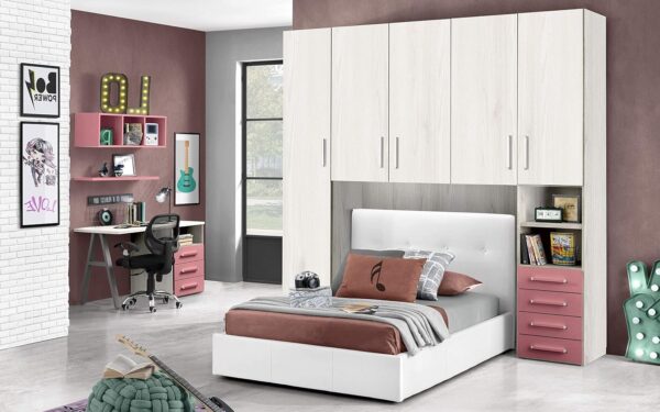 Chambre à pont avec lit blanc une place et demie - composée d'une porte longue, 4 portes moyennes, petit compartiment à jour et commode. 243 x 55 x 245 cm