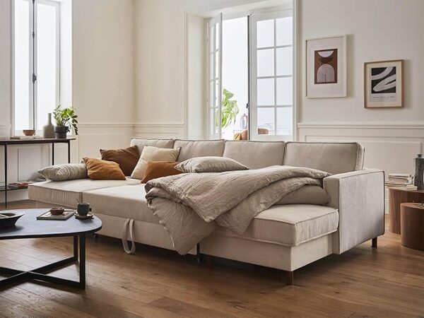 Lisa Design - Canapé Panoramique en U Convertible avec Coffre Jake en Velours Côtelé - Canapé Lit - Grand Sofa XXL Beige 7 Places - Salon – Image 9