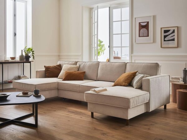 Lisa Design - Canapé Panoramique en U Convertible avec Coffre Jake en Velours Côtelé - Canapé Lit - Grand Sofa XXL Beige 7 Places - Salon – Image 8