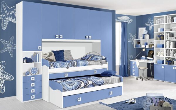 Chambre complète à pont - Blanc, Avio (triple lit simple et armoire) (cm. 300 x 96 x 259h