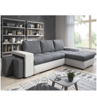 Canapé Angle Convertible Simon Blanc / Gris + 2 Poufs