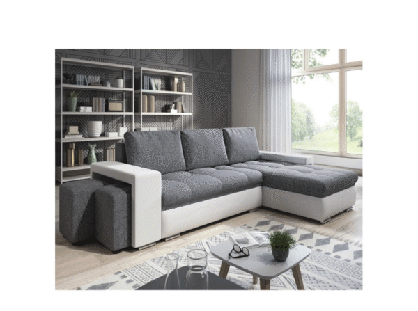 Canapé Angle Convertible Simon Blanc / Gris + 2 Poufs