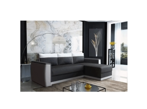 Canapé d'angle convertible 3 places JAMES- Simili blanc - tissu gris anthracite